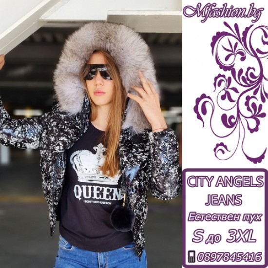 Дамско яке с естествен пух, City Angels Jeans, Черно бял лак, 6853